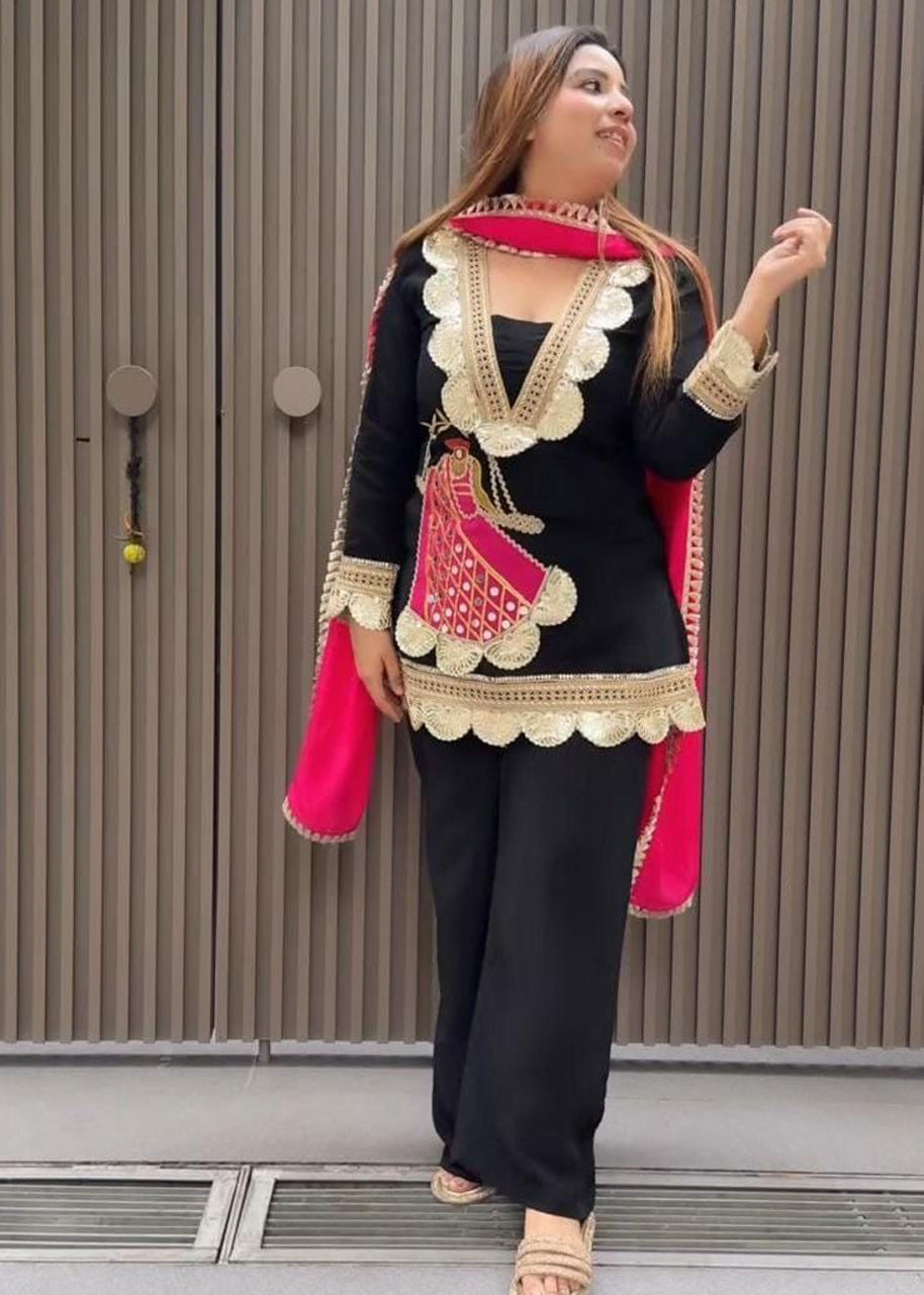 Festive Rani Pink Kurta Set with Peacock Embroidery & Gota Work