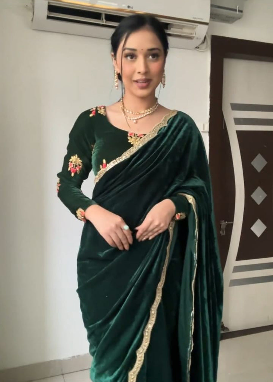 Bottle Green Velvet Ready To Wear Saree