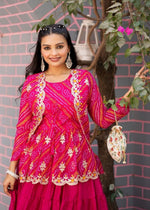 Designer Embroidery Pink Bandhej Lehenga Crop Top & Jacket