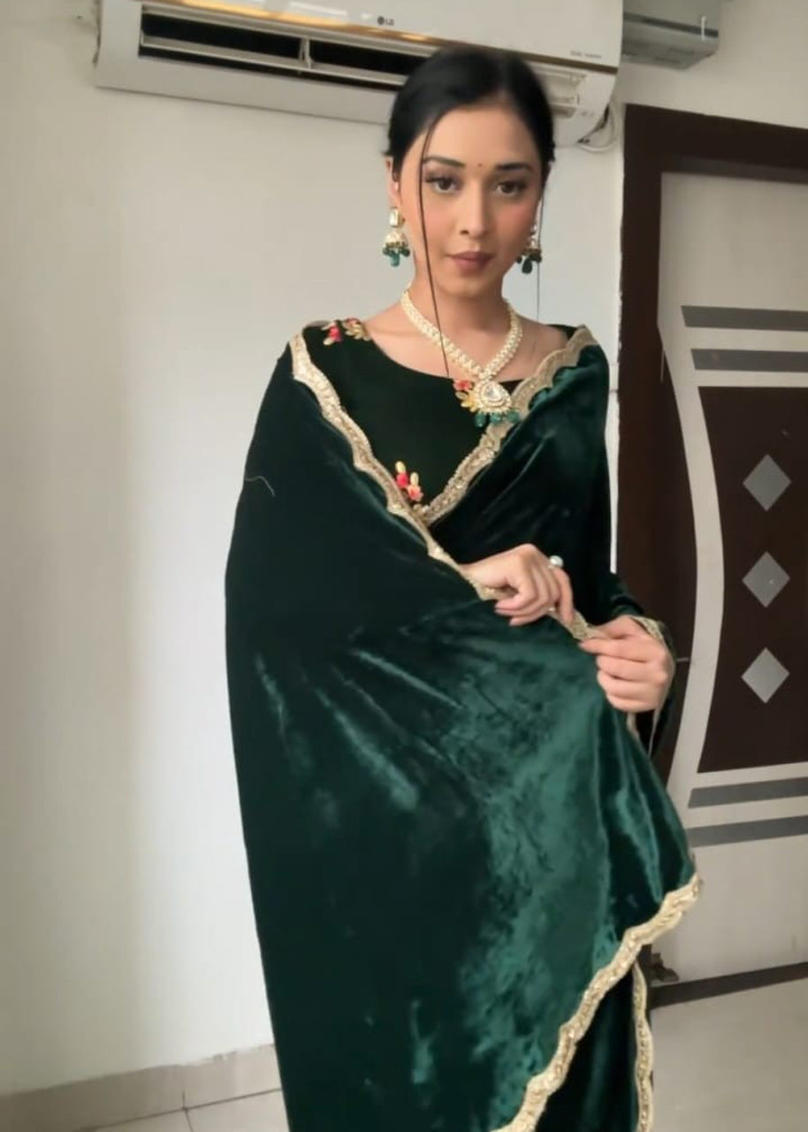 Bottle Green Velvet Ready To Wear Saree