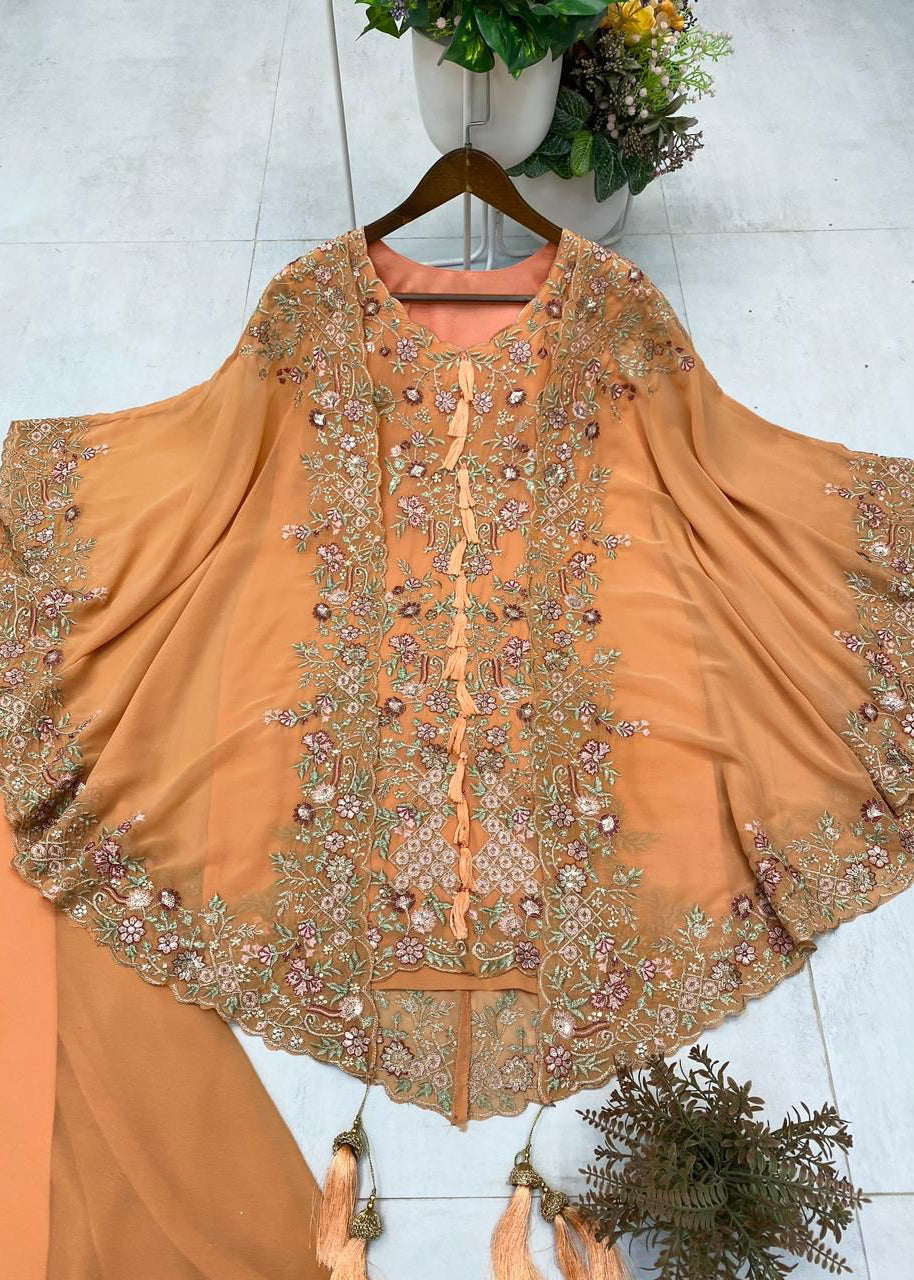 Peach Faux Georgette Embroidery Work Salwar Suit