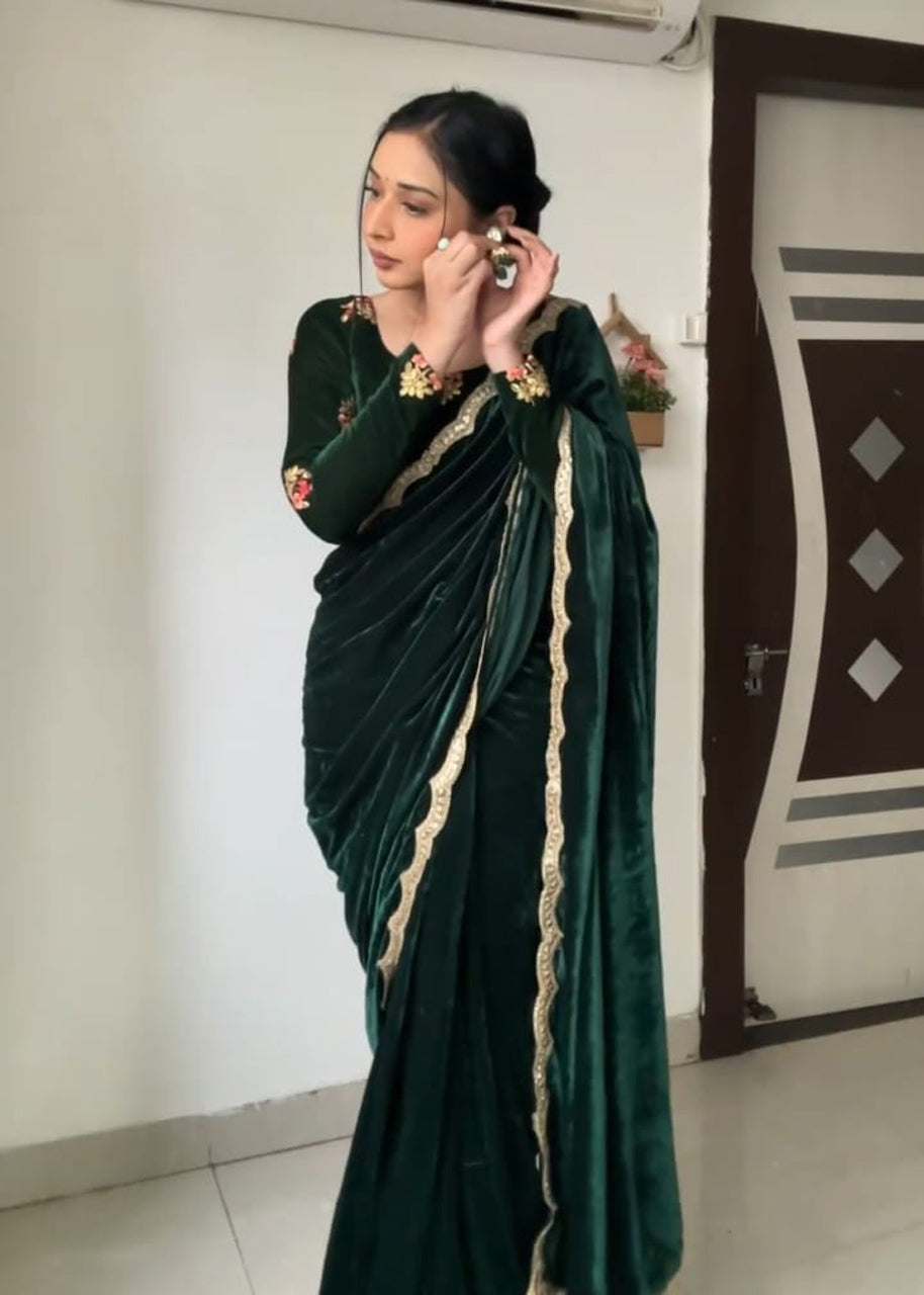 Bottle Green Velvet Ready To Wear Saree
