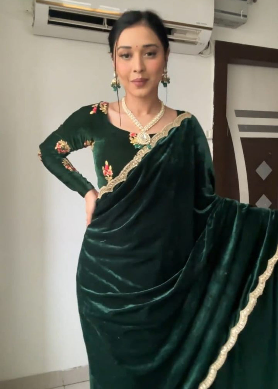 Bottle Green Velvet Ready To Wear Saree