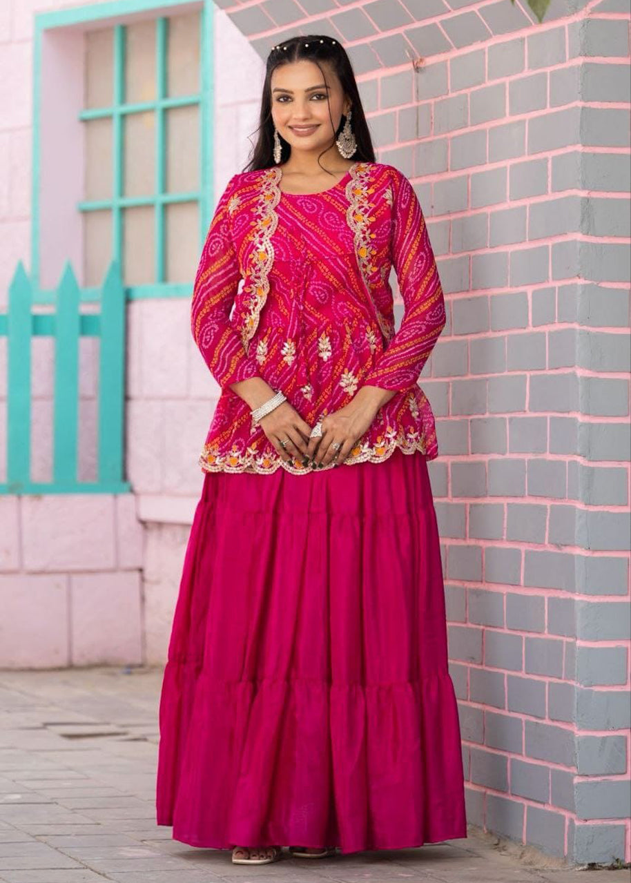 Designer Embroidery Pink Bandhej Lehenga Crop Top & Jacket