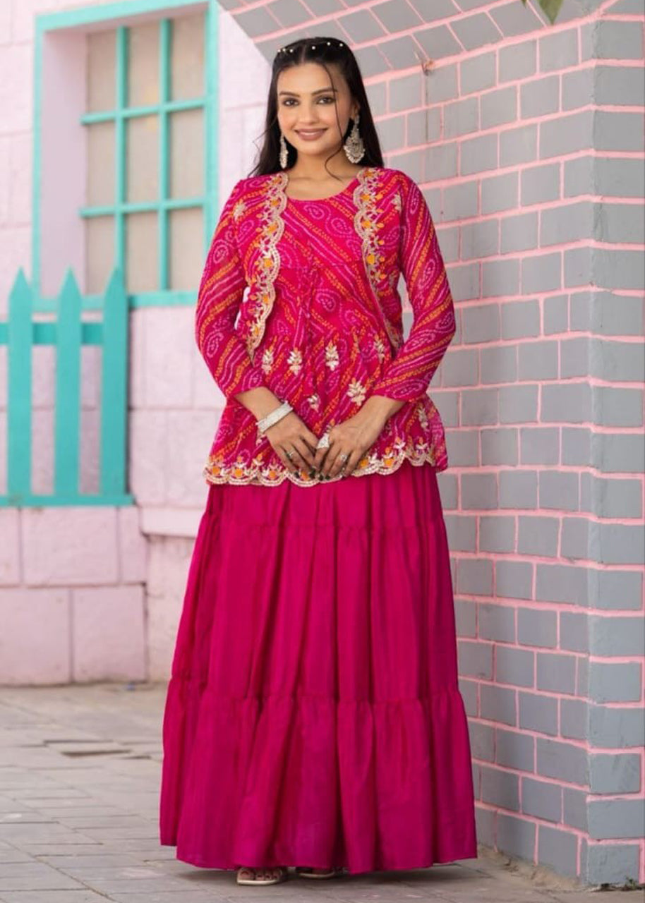 Designer Embroidery Pink Bandhej Lehenga Crop Top & Jacket
