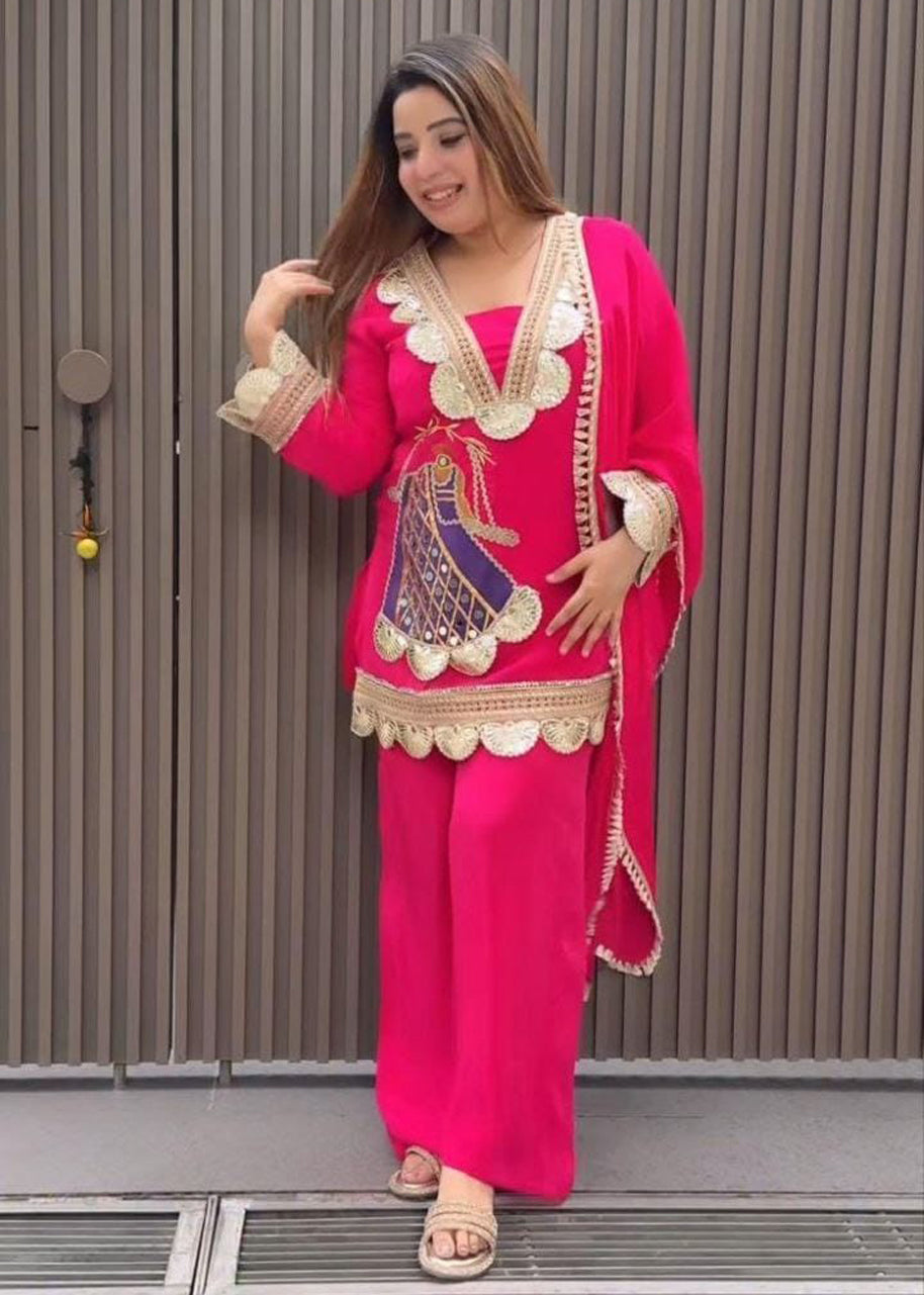 Festive Rani Pink Kurta Set with Peacock Embroidery & Gota Work