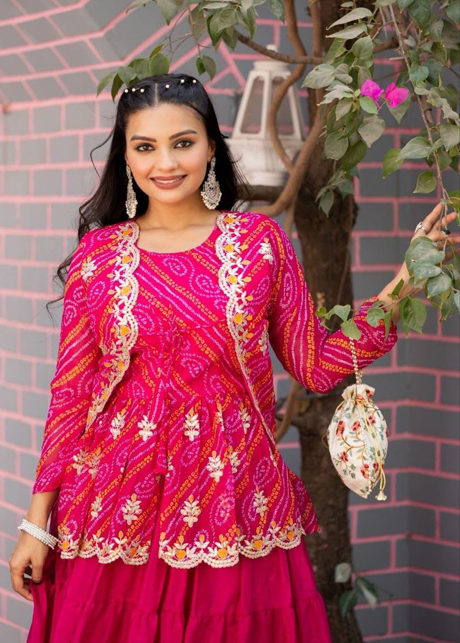 Designer Embroidery Pink Bandhej Lehenga Crop Top & Jacket