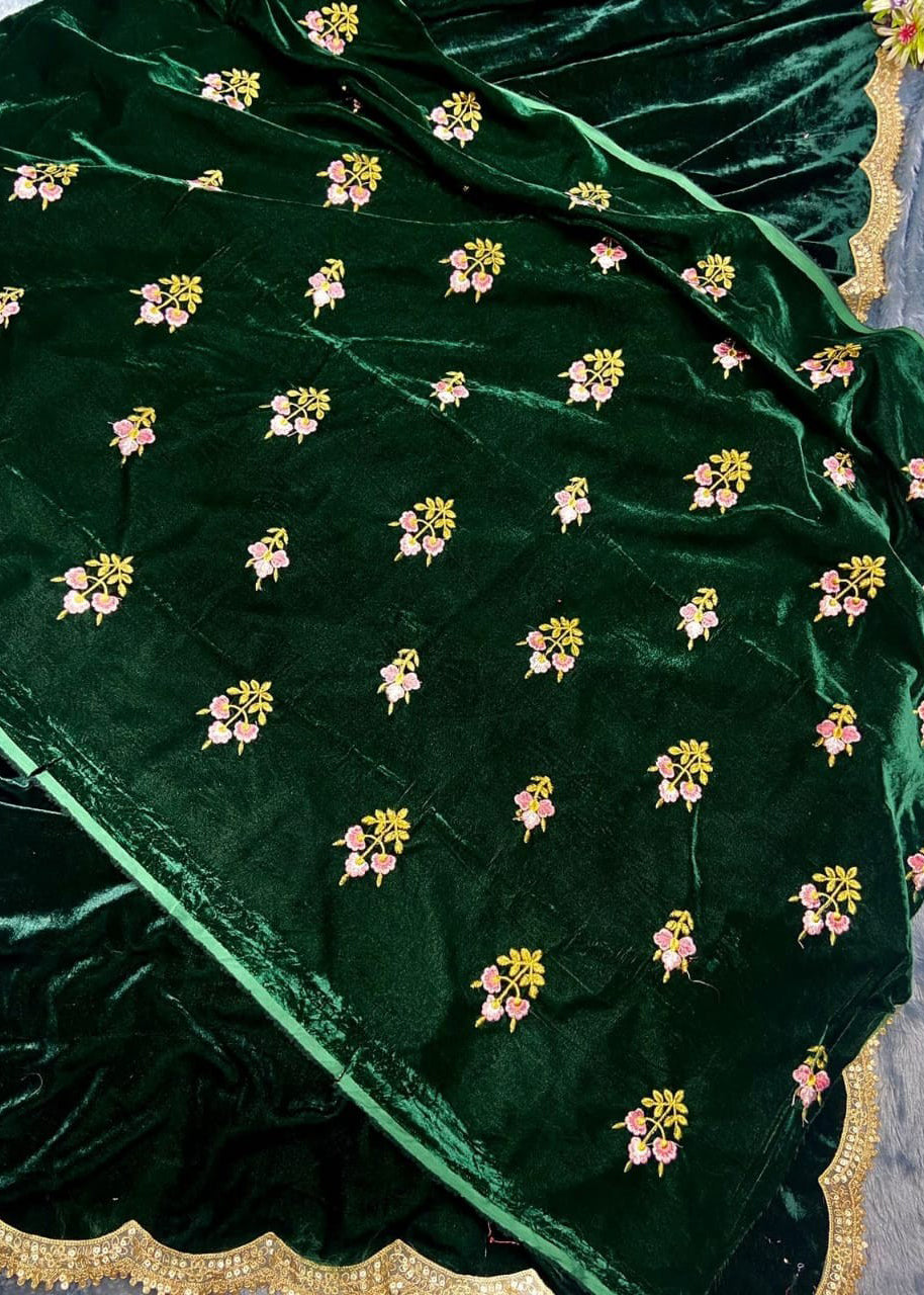 Bottle Green Velvet Ready To Wear Saree