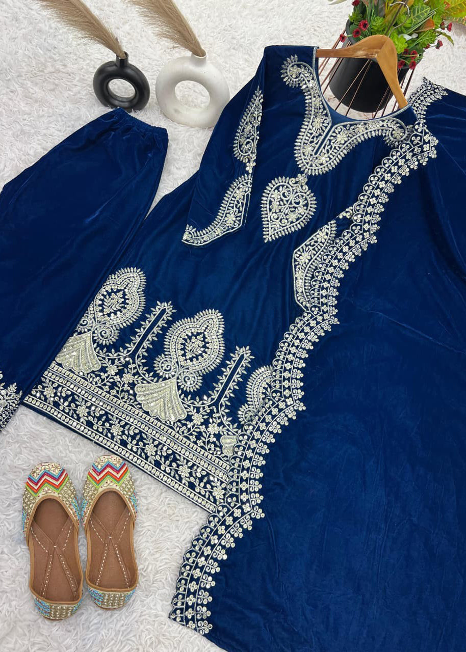 Blue Velvet Embroidered Suit
