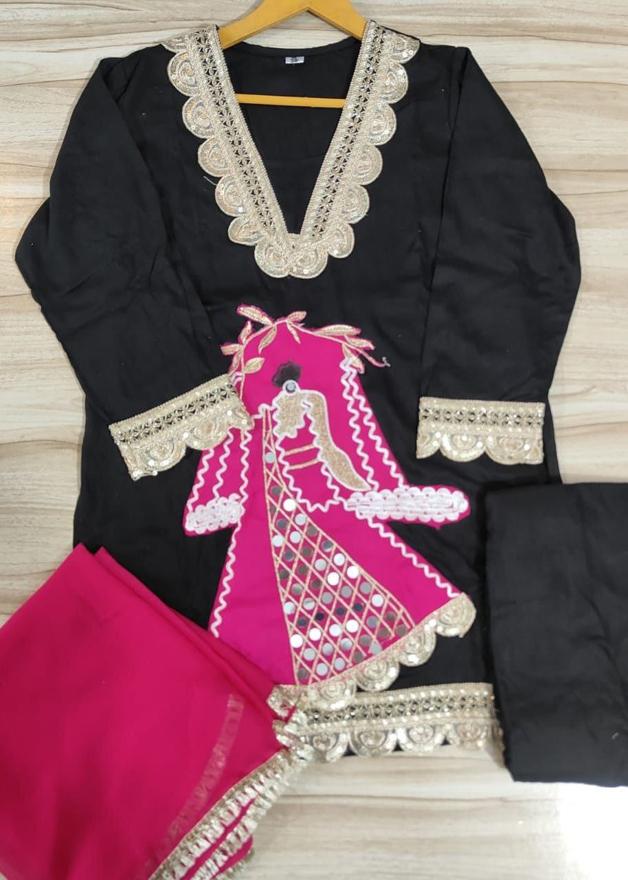 Festive Rani Pink Kurta Set with Peacock Embroidery & Gota Work