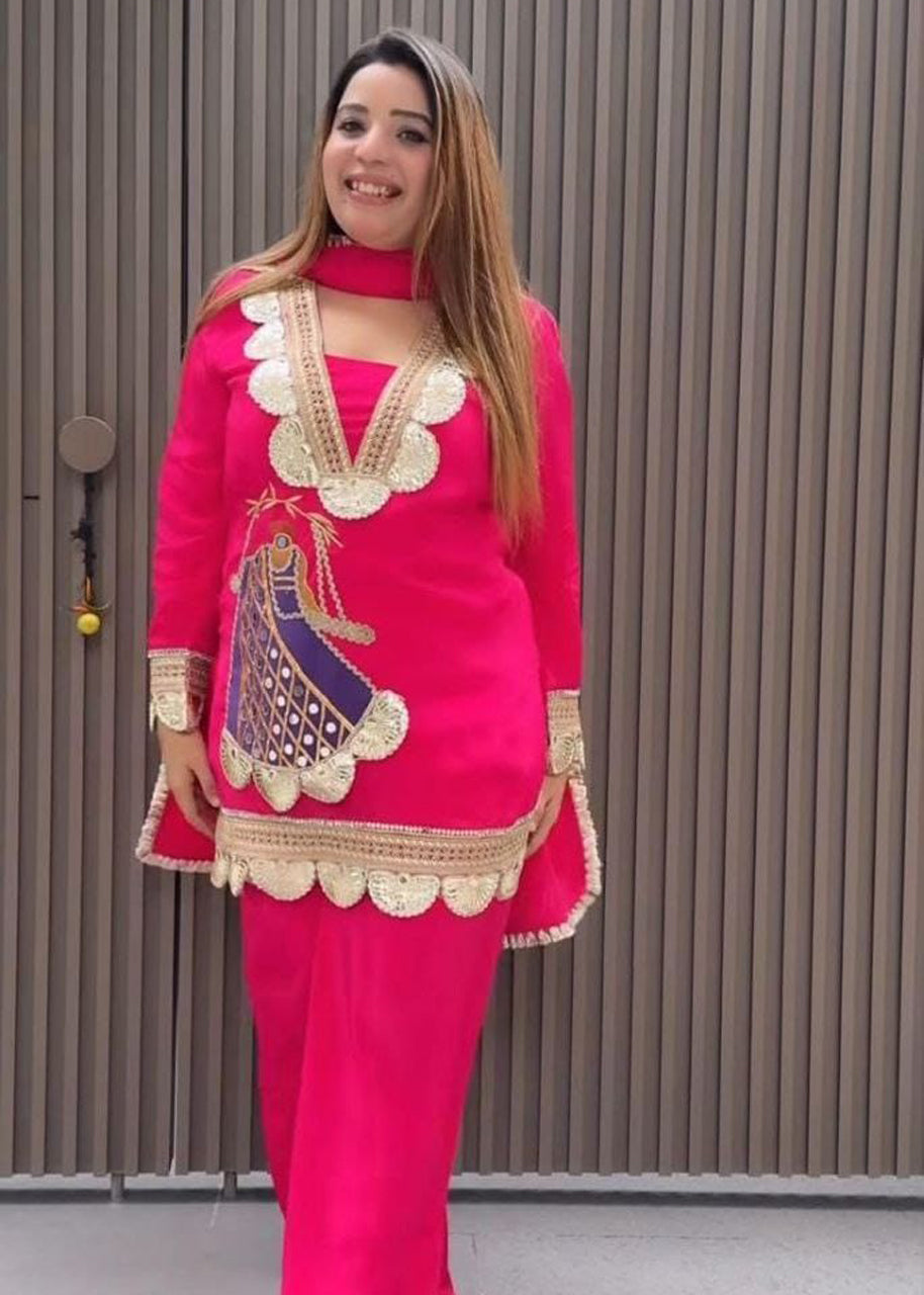 Festive Rani Pink Kurta Set with Peacock Embroidery & Gota Work