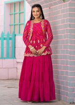 Designer Embroidery Pink Bandhej Lehenga Crop Top & Jacket
